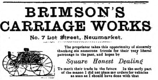 Period advertisement for Brimson's Carriage Works, with expressive typography, a carriage engraving and a promise of square honest dealing
