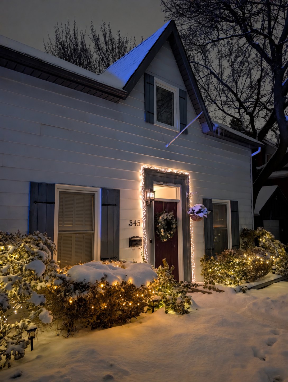 345 Queen Street decorated for Christmas in the snow