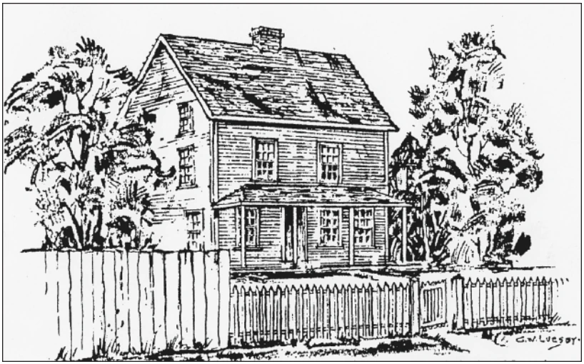 George Luesby’s drawing of the Hill–Beman–Robinson House, showing clapboard, a chimney, a verandah and picket fencing