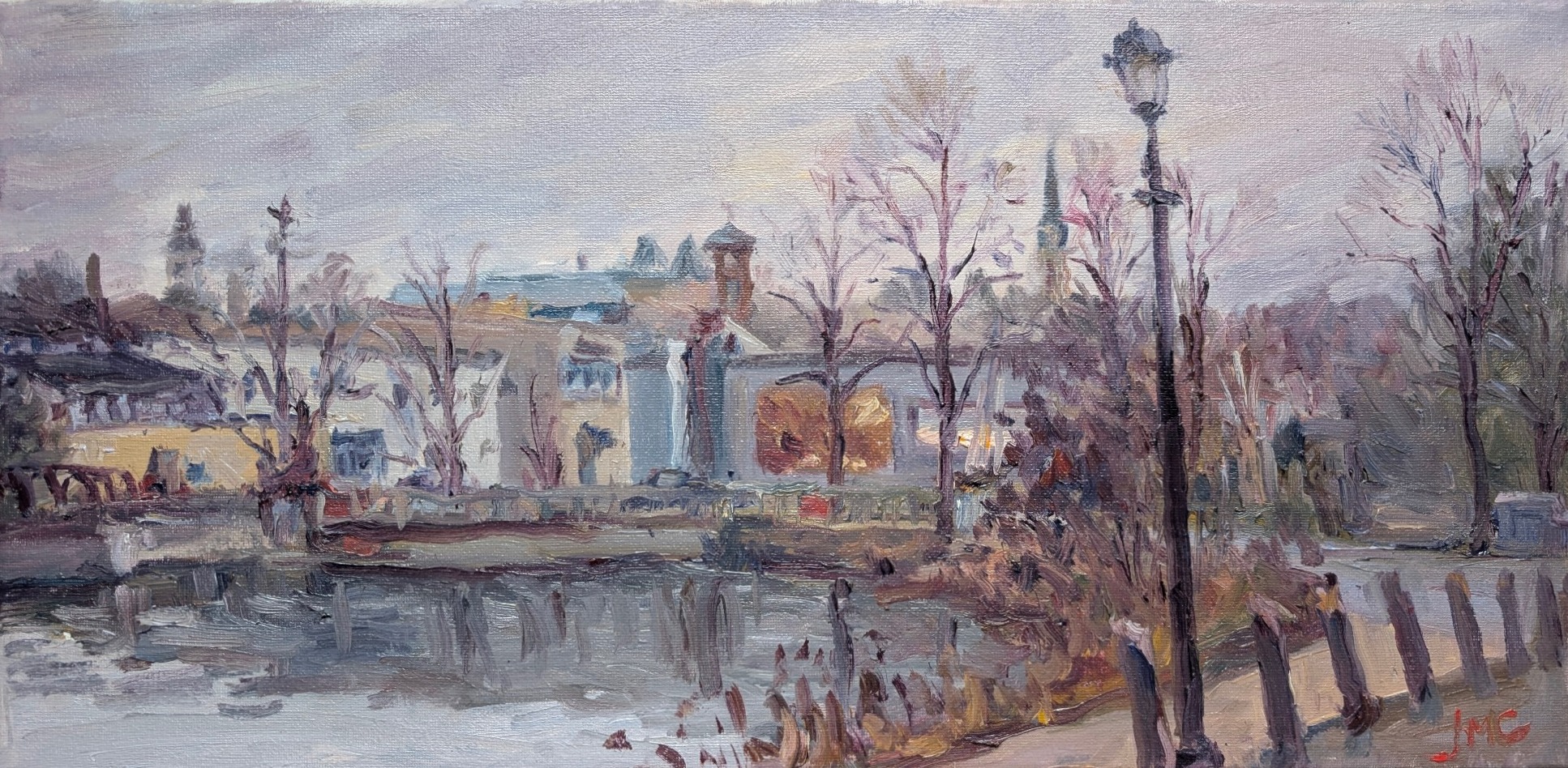Jianming Chen's painting of Main Street in Newmarket, with a quiet waterside view, buildings, bare trees and lamppost