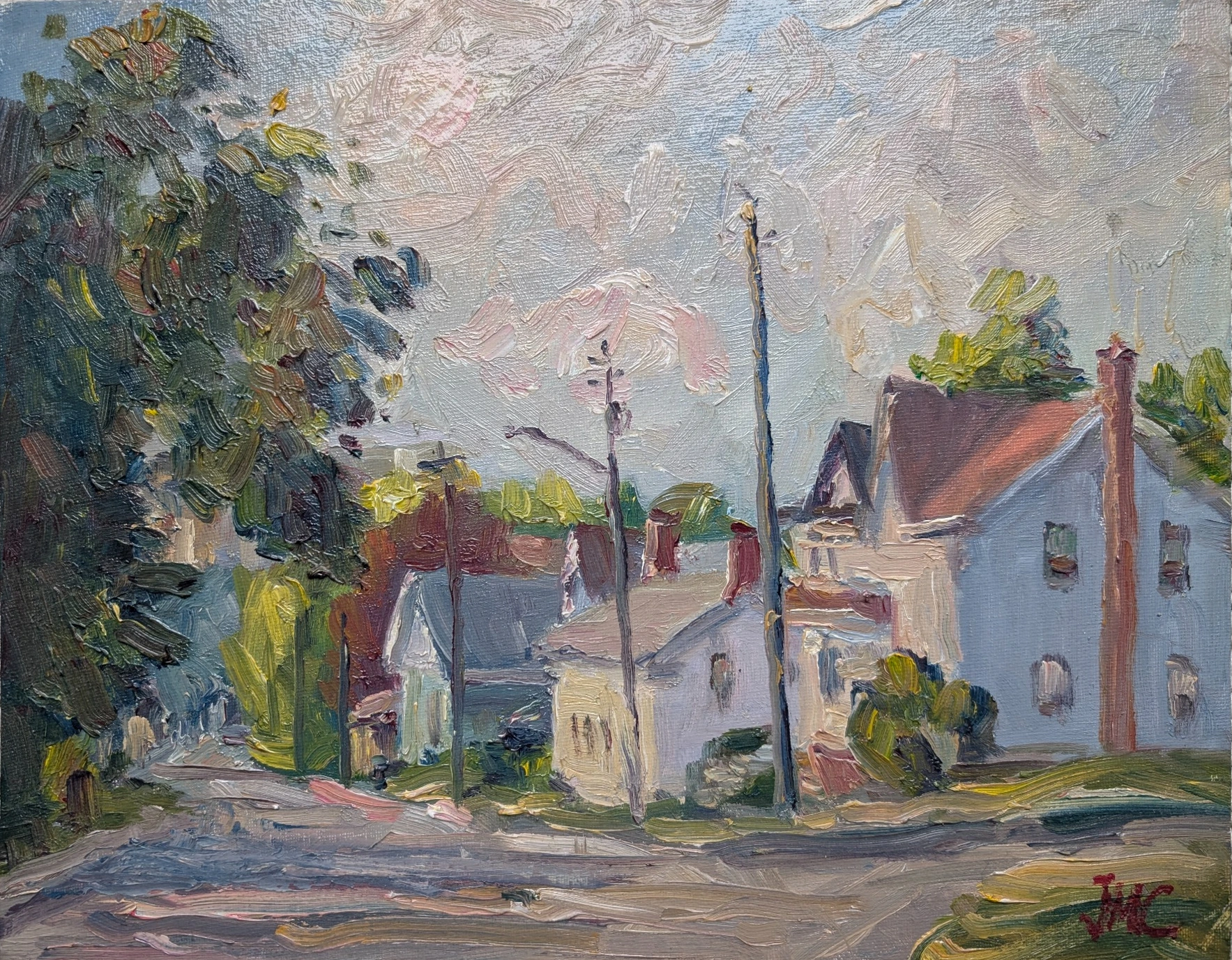 An en plein air painting of houses on Prospect Street in Newmarket by Jianming Chen